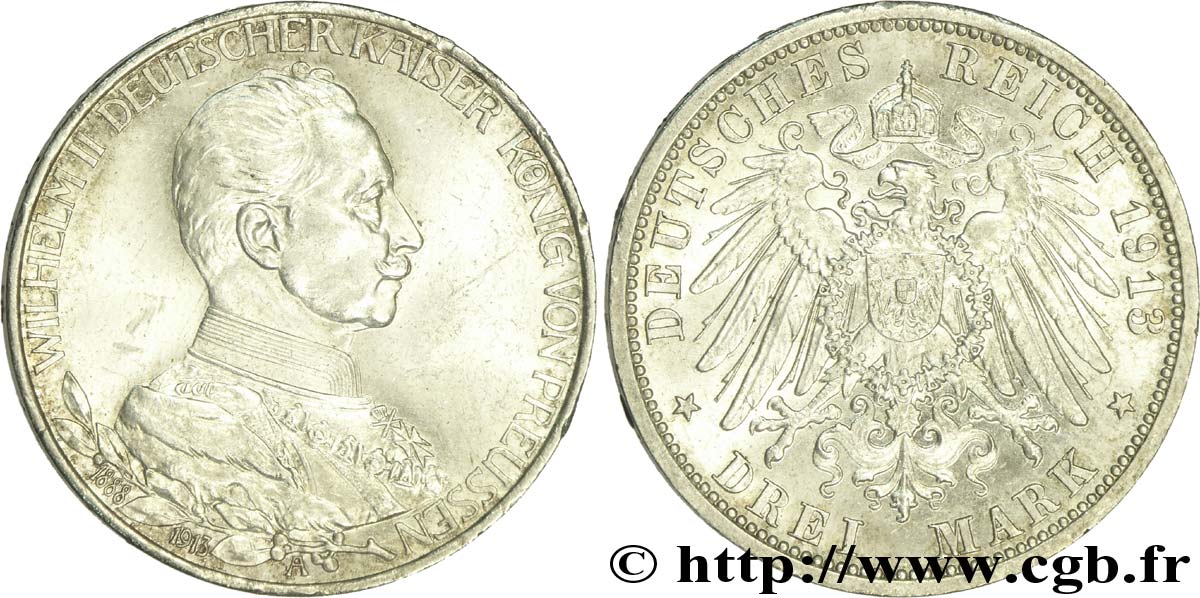 DEUTSCHLAND - PREUßEN 3 Mark 25e anniversaire de règne de Guillaume II 1913 Berlin VZ 