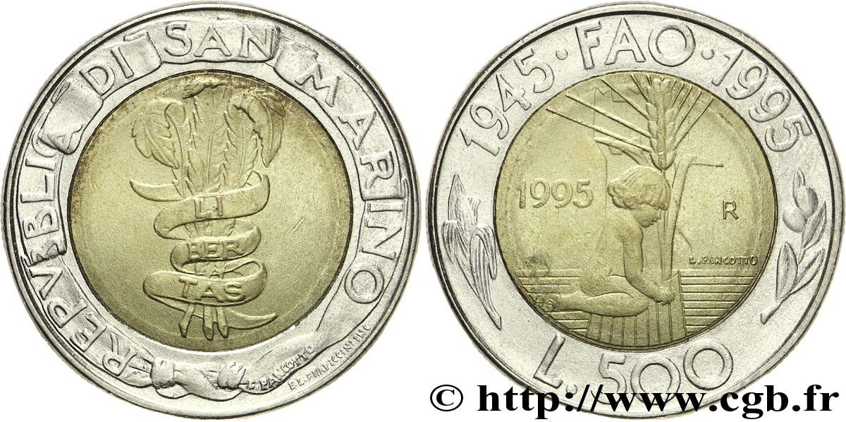 SAN MARINO 500 Lire FAO : bannière Libertas / enfant au pied d’un épi de blé 1995 Rome - R SPL 