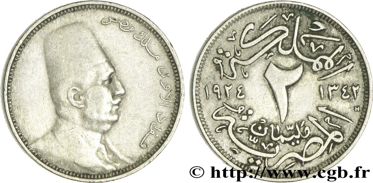 ÉGYPTE 2 Millièmes Roi Fouad de profil AH1342 1924 Birmingham TTB 