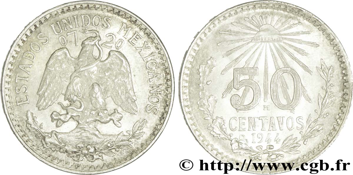 MEXIKO 50 Centavos aigle / bonnet phrygien et rayons 1944 Mexico VZ 