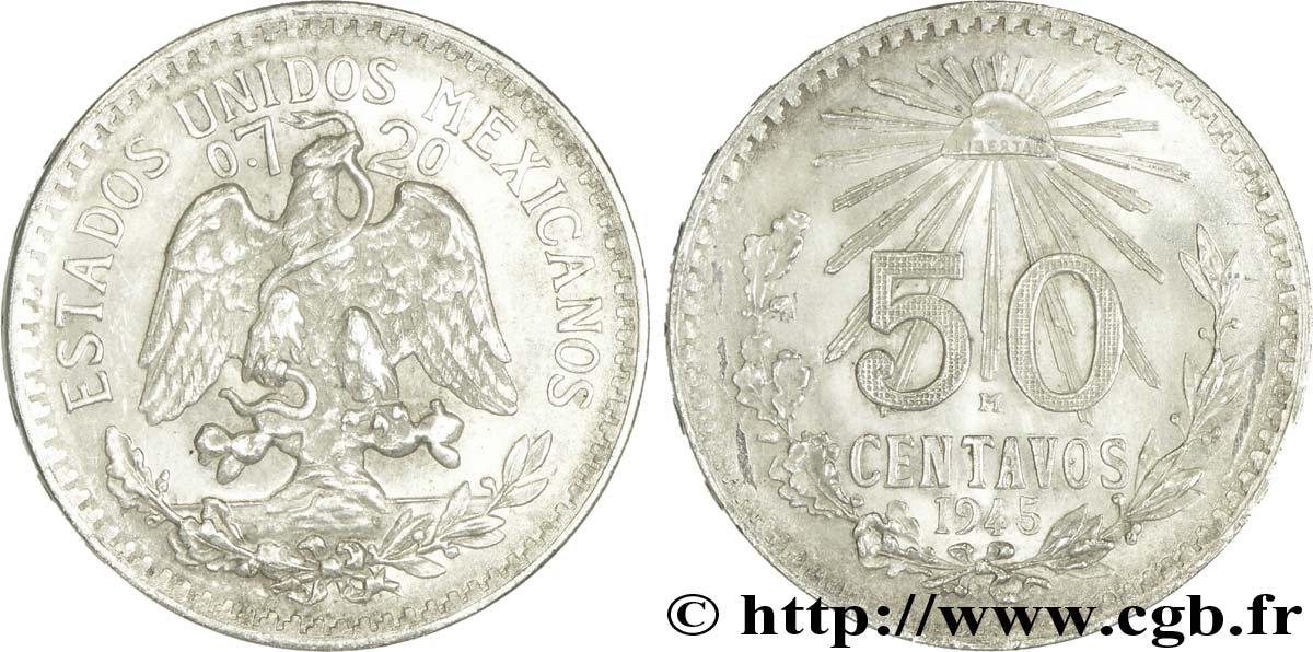 MEXIKO 50 Centavos aigle / bonnet phrygien et rayons 1945 Mexico VZ 