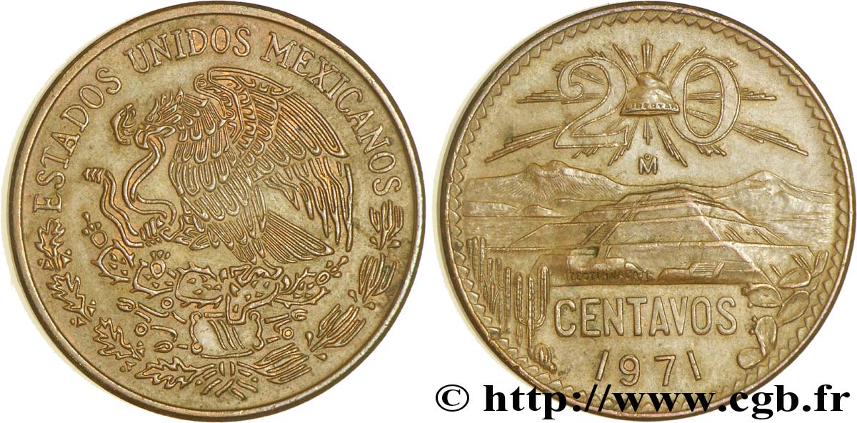 MÉXICO 20 Centavos aigle / pyramide de Teotihuaca 1971 Mexico EBC 