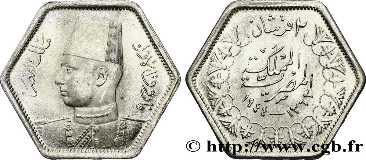 ÉGYPTE 2 Piastres Roi Farouk an AH1363 1944  SPL 