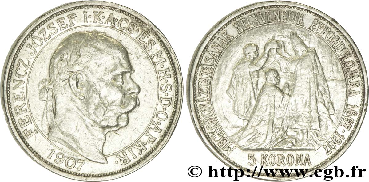 UNGHERIA 5 Corona François-Joseph d’Autriche-Hongrie / couronne de St Stéphane supportée par deux anges 1907 Kremnitz q.BB 