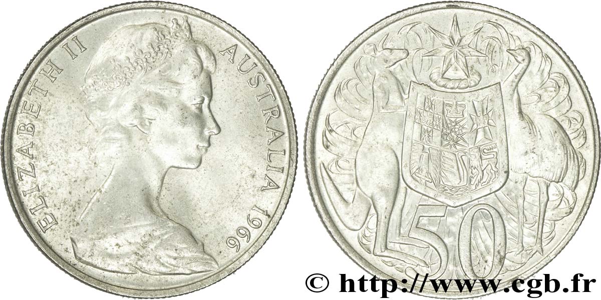 AUSTRALIA 50 Cents Elisabeth II / émeu et kangourou de part et d’autre d’un écu 1966  SPL 