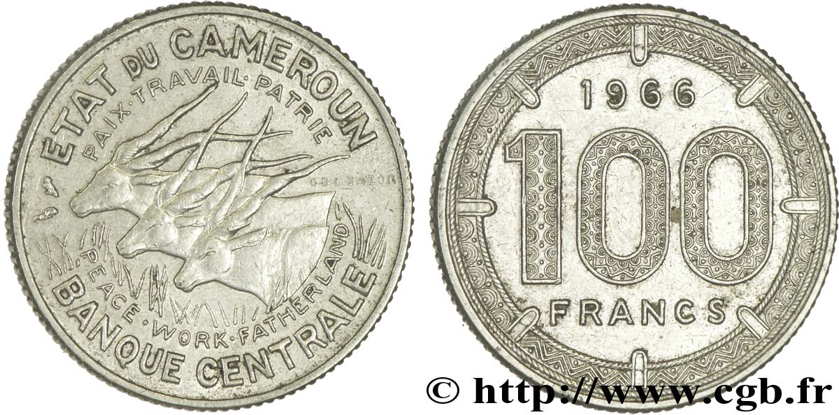CAMERúN 100 Francs Etat du Cameroun, commémoration de l’indépendance, antilopes 1966 Paris EBC 