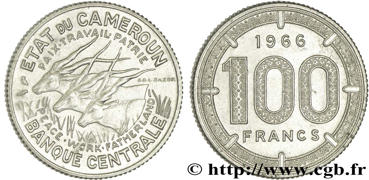 CAMERúN 100 Francs Etat du Cameroun, commémoration de l’indépendance, antilopes 1966 Paris SC 
