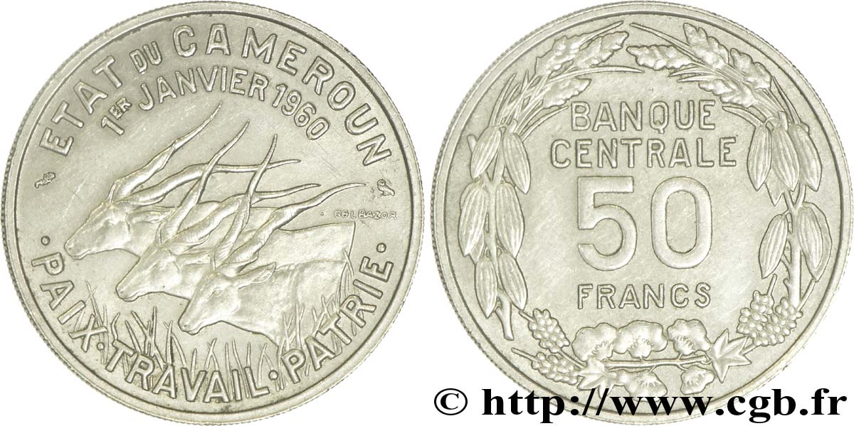 CAMEROON 50 Francs Etat du Cameroun, commémoration de l’indépendance, antilopes 1960 Paris AU 