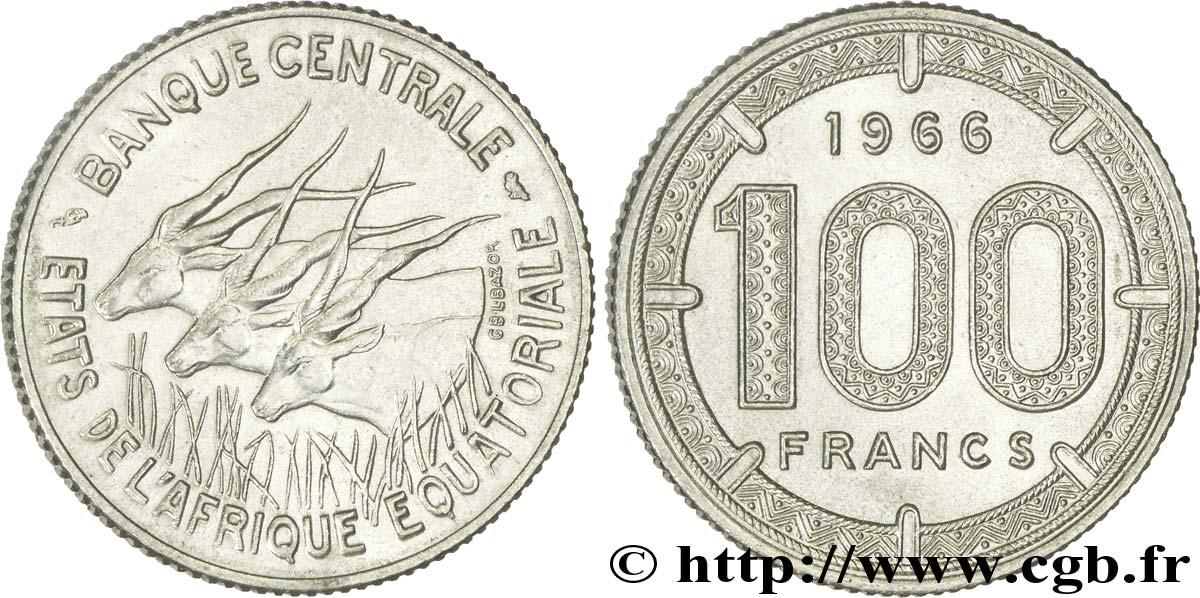 ÁFRICA ECUATORIAL  100 Francs antilopes 1966  SC 