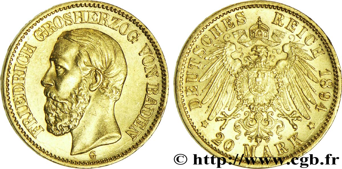 GERMANIA - BADEN 20 Mark or Grand-duché de Bade, Frédéric, Grand-Duc de Bade / aigle impérial 1894 Karlsruhe - G SPL 