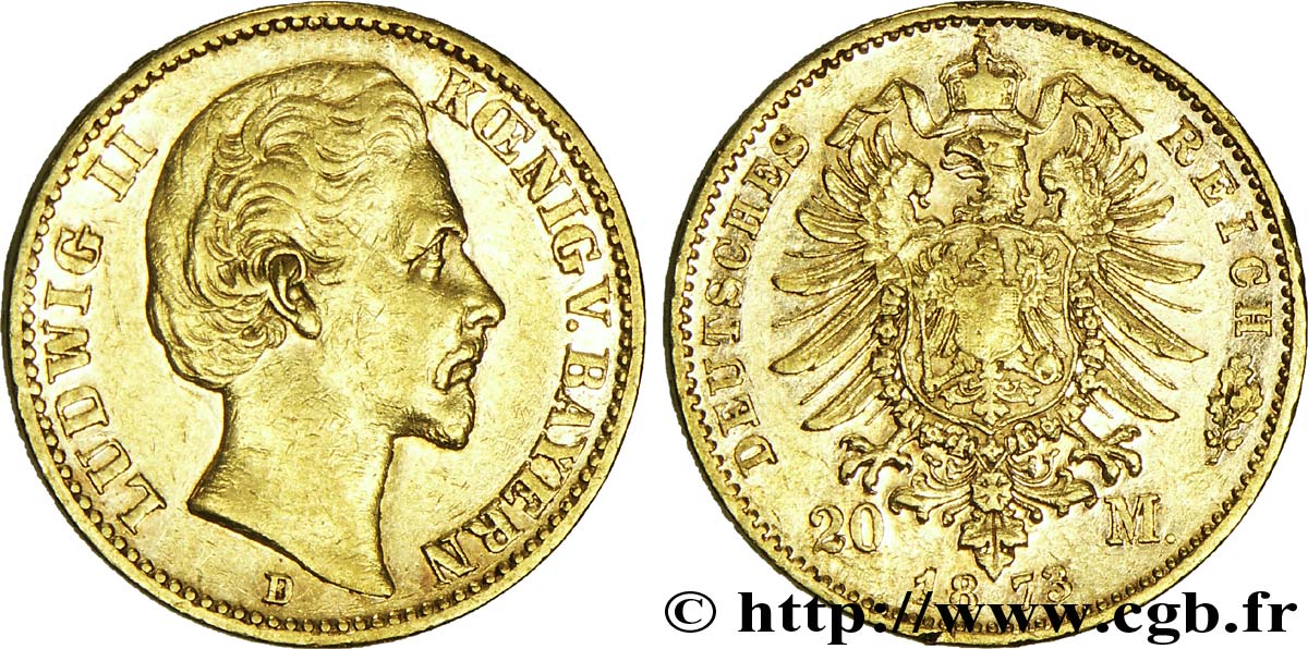 DEUTSCHLAND - BAYERN 20 Mark or Royaume de Bavière, Louis II, roi de Bavière / aigle impérial 1873 Munich - D fVZ 