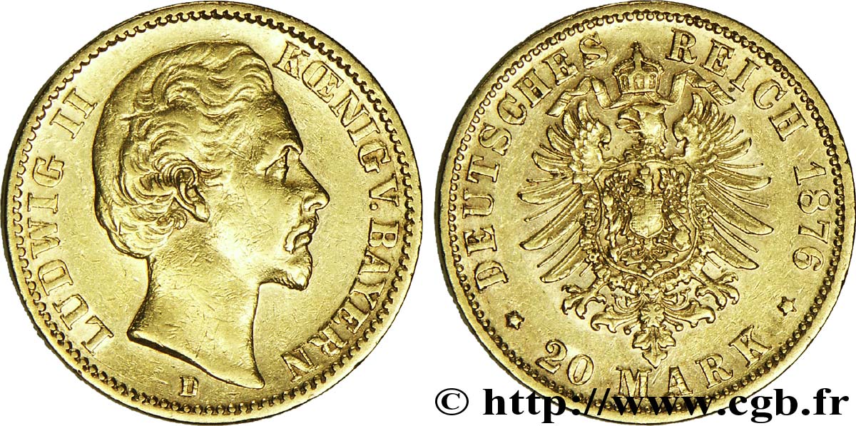 GERMANY - BAVARIA 20 Mark or Royaume de Bavière, Louis II, roi de Bavière / aigle impérial 1876 Munich - D AU 