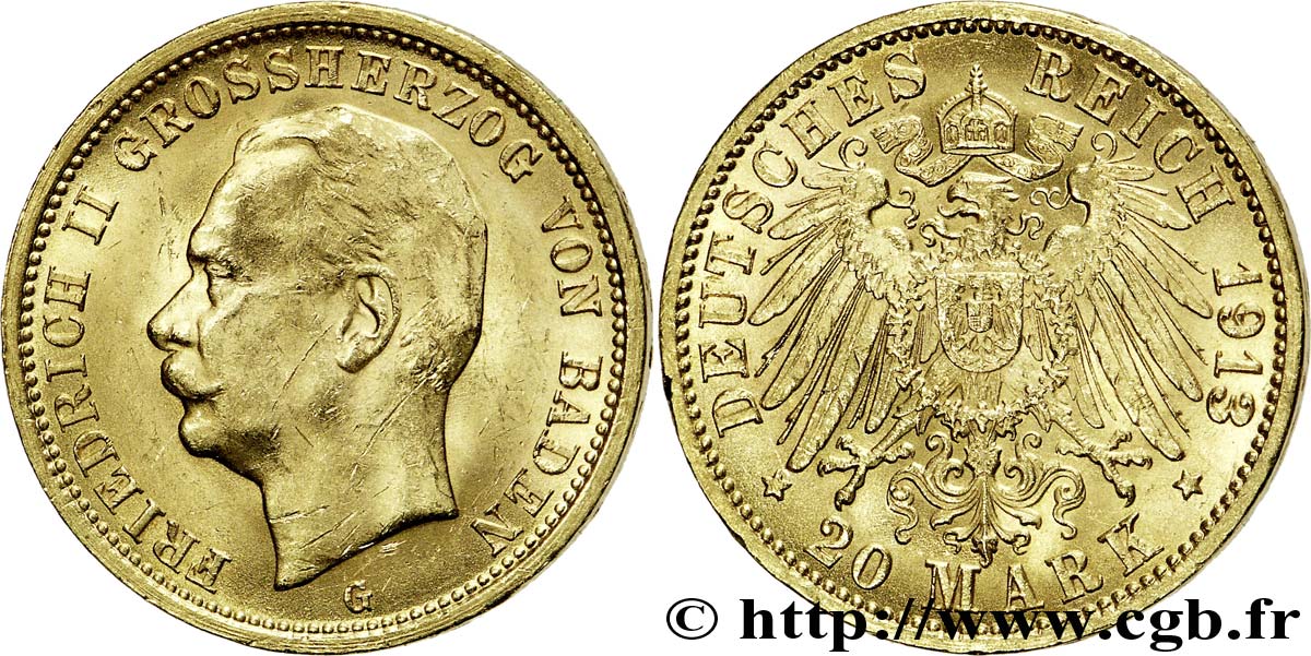 ALLEMAGNE - BADE 20 Mark or Grand-duché de Bade, Frédéric II, Grand-Duc de Bade / aigle impérial 1913 Karlsruhe - G SUP 
