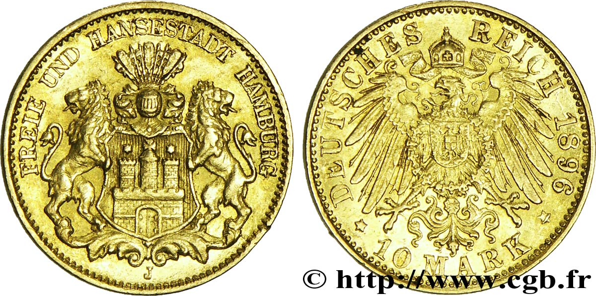 GERMANY - FREE CITY OF HAMBURG 10 Mark or Ville libre et hanséatique d Hambourg : armes de la ville / aigle impérial 1896 Hambourg - J AU 