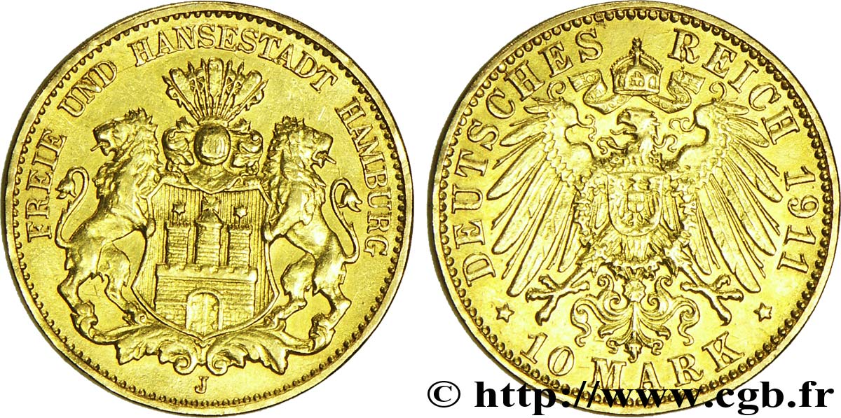 GERMANIA - LIBERA CITTA DE AMBURGO 10 Mark or Ville libre et hanséatique d Hambourg : armes de la ville / aigle impérial 1911 Hambourg - J SPL 