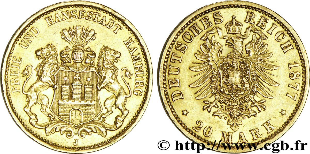 GERMANY - FREE CITY OF HAMBURG 20 Mark or Ville libre et hanséatique d Hambourg : armes de la ville / aigle impérial 1877 Hambourg - J AU 