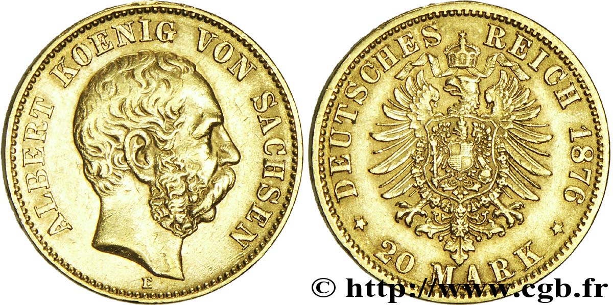 GERMANIA - SASSONIA 20 Mark Royaume de Saxe : Albert, roi de Saxe / aigle impérial 1876 Dresde - E SPL 