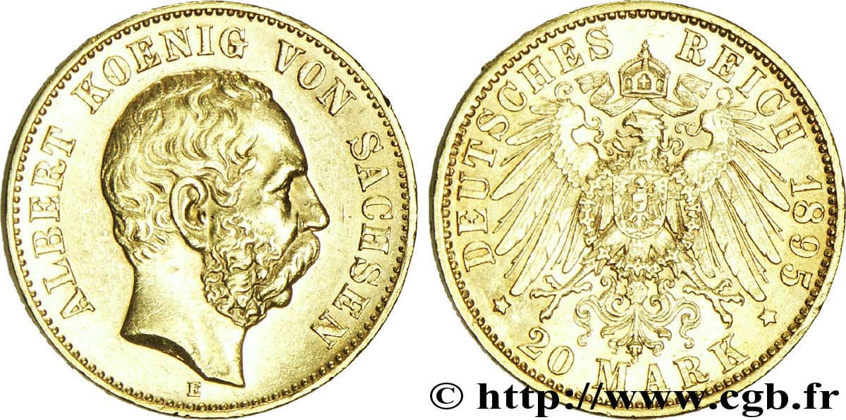 DEUTSCHLAND - SACHSEN 20 Mark Royaume de Saxe : Albert, roi de Saxe / aigle impérial 1895 Dresde - E VZ 