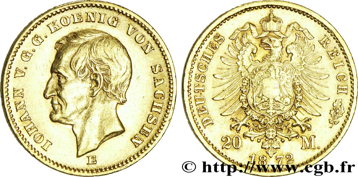 ALEMANIA - SAJONIA 20 Mark Royaume de Saxe : Jean, roi de Saxe / aigle impérial 1872 Dresde - E EBC 