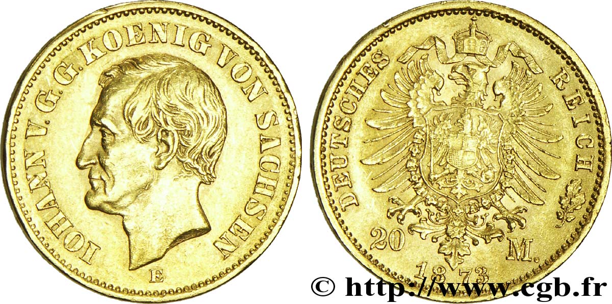 ALEMANIA - SAJONIA 20 Mark Royaume de Saxe : Jean, roi de Saxe / aigle impérial 1873 Dresde - E EBC 