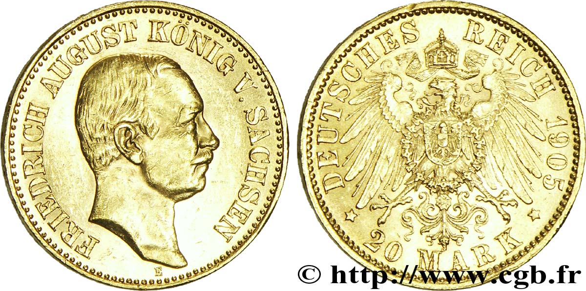 ALEMANIA - SAJONIA 20 Mark Royaume de Saxe : Frédéric Auguste III, roi de Saxe / aigle impérial 1905 Dresde - E EBC 