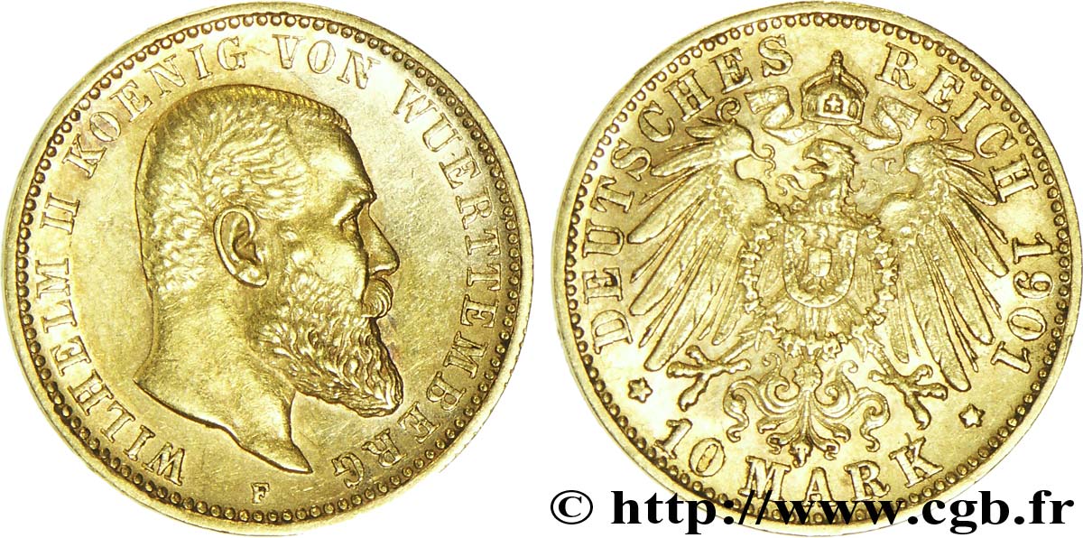 ALEMANIA - WURTEMBERG 10 Mark or Royaume du Wurtemberg : roi Guillaume II de Wurtemberg / aigle impérial 1901 Stuttgart - F EBC 
