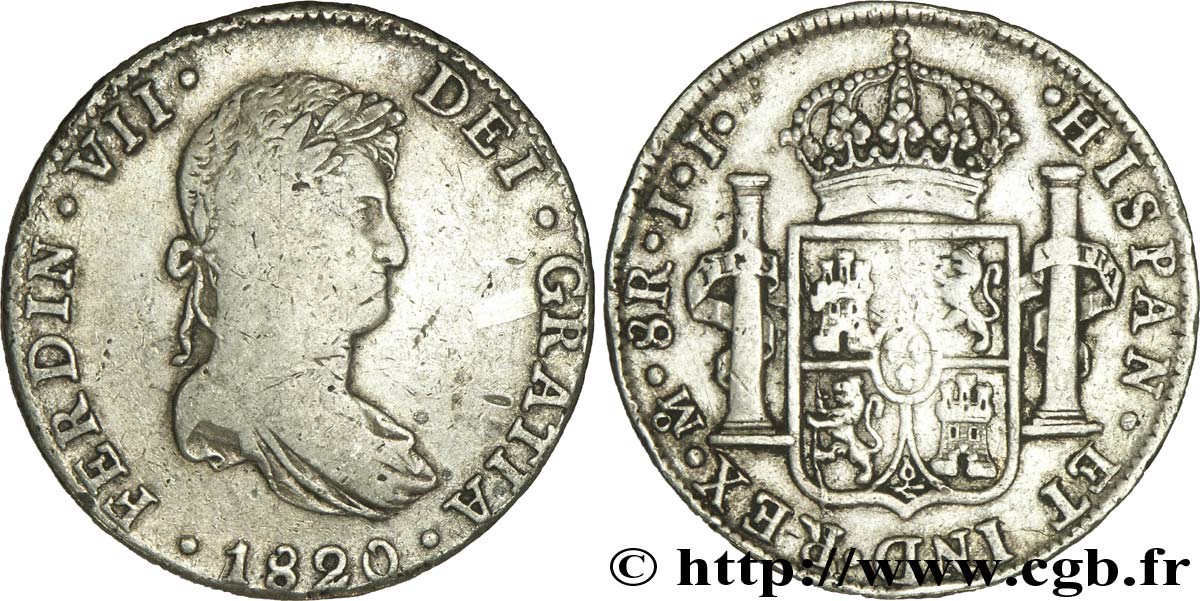 MÉXICO 8 Reales Ferdinand VII / écu aux colonnes d’Hercule 1820 Mexico BC 