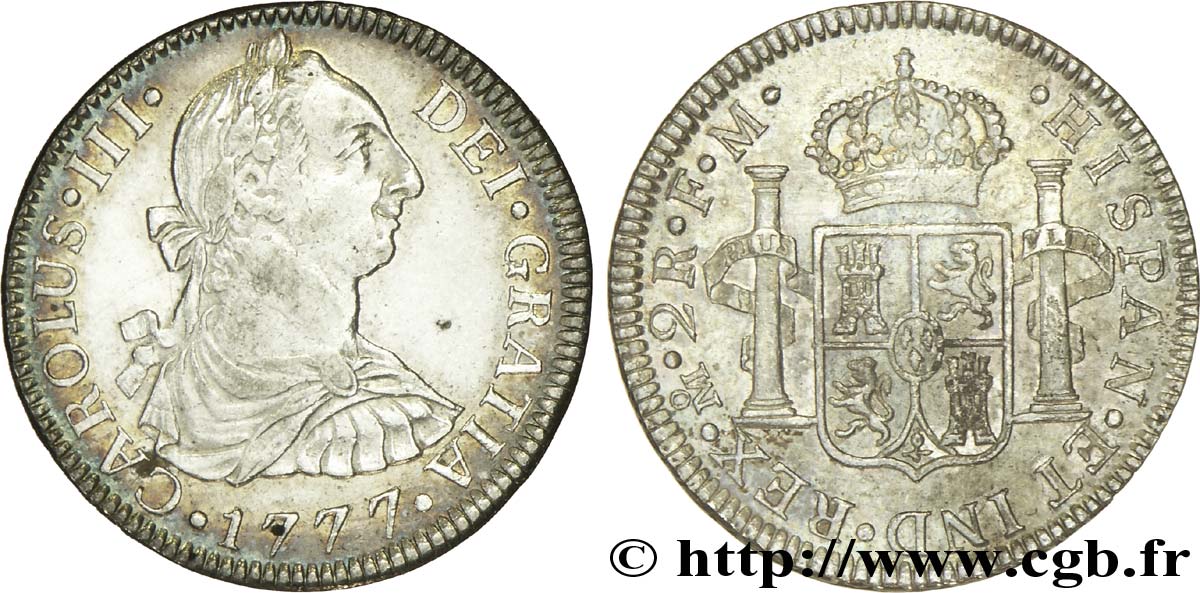 MÉXICO 2 Reales Charles III tête laurée  / écu aux colonnes 1777 Mexico EBC 