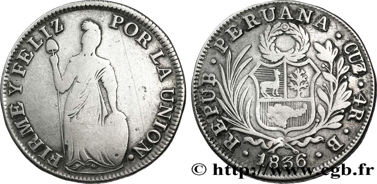 PERU 4 Reales armes / “République” debout 1833 Cuzco VF 