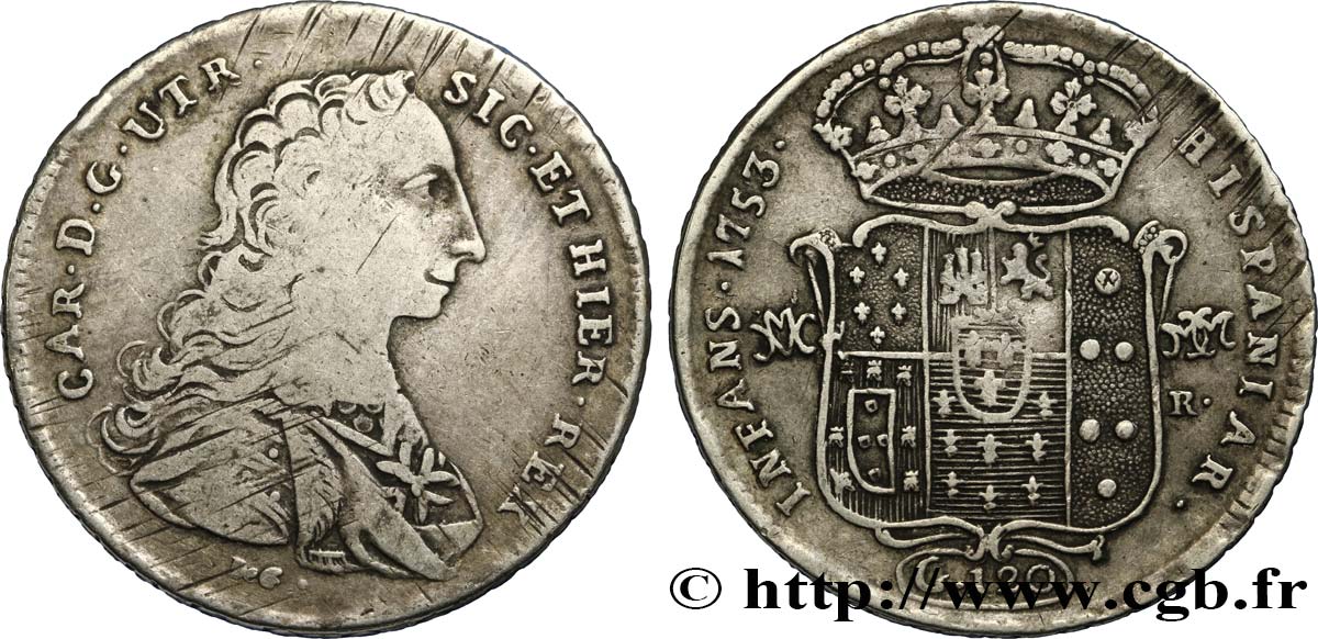 ITALY - KINGDOM OF NAPLES - CHARLES OF BOURBON 120 Grana 1753 Naples VF 