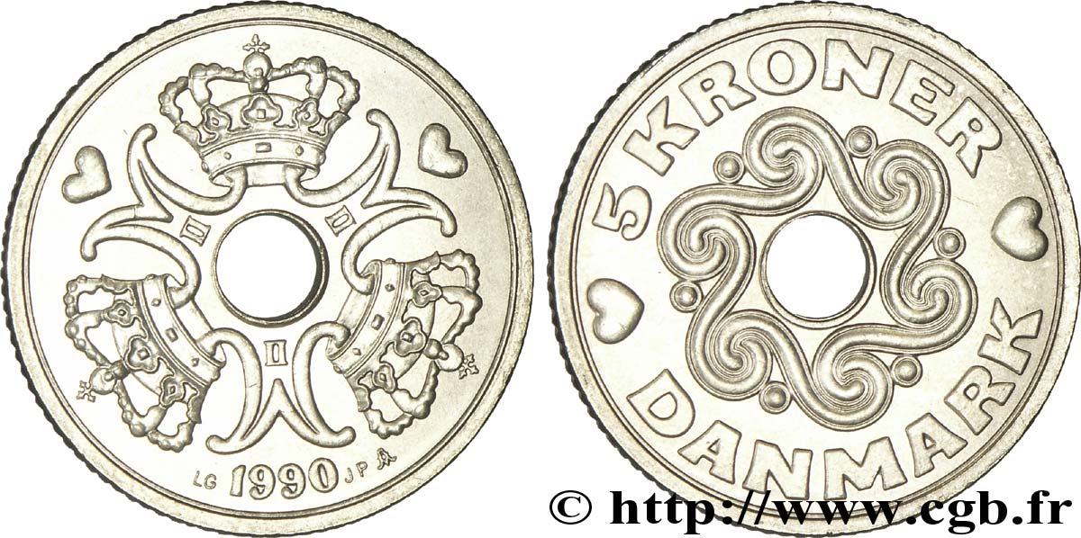 DINAMARCA 5 Kroner monogramme de la reine Margrethe II 1990 Copenhague SC 