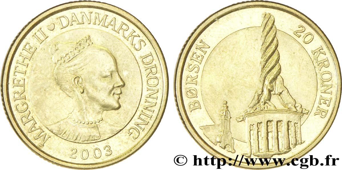 DENMARK 20 Kroner reine Margrethe II / tour torsadée de la Bourse de Copenhague 2003  AU 