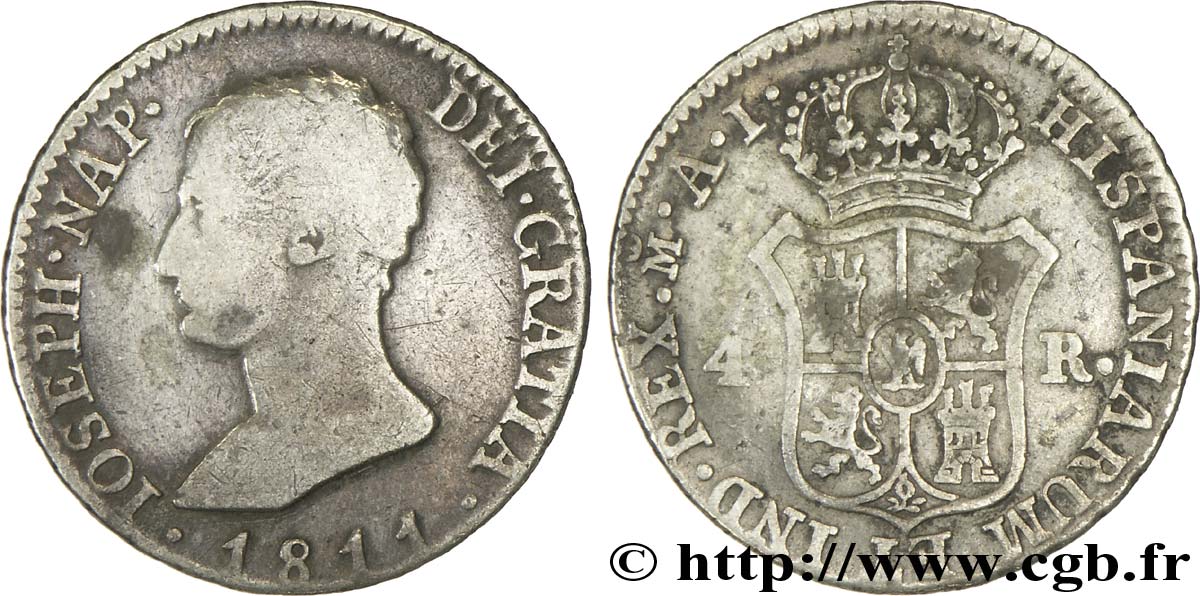 SPAIN 4 Reales Joseph Napoléon initiales A I 1811 Madrid VF 