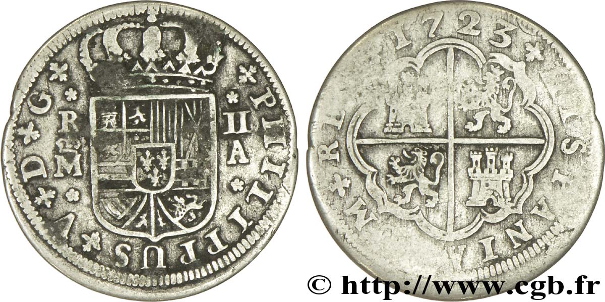 ESPAGNE 2 Reales au nom de Philippe V 1723 Madrid TB 