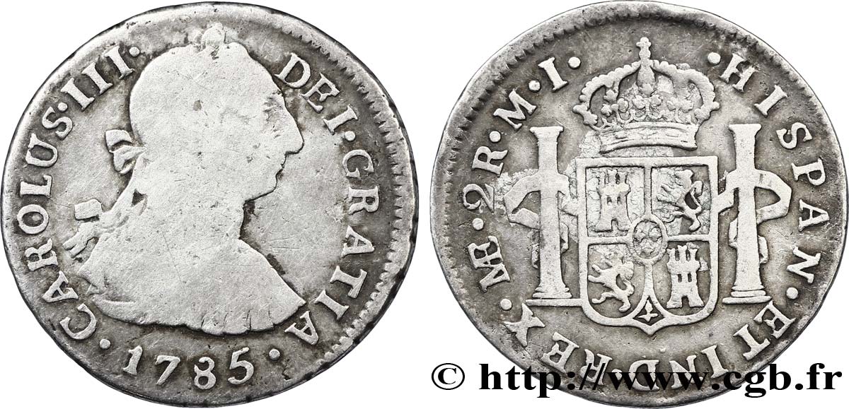 PERU 2 Reales Charles III d’Espagne MI 1785 Lima VF 