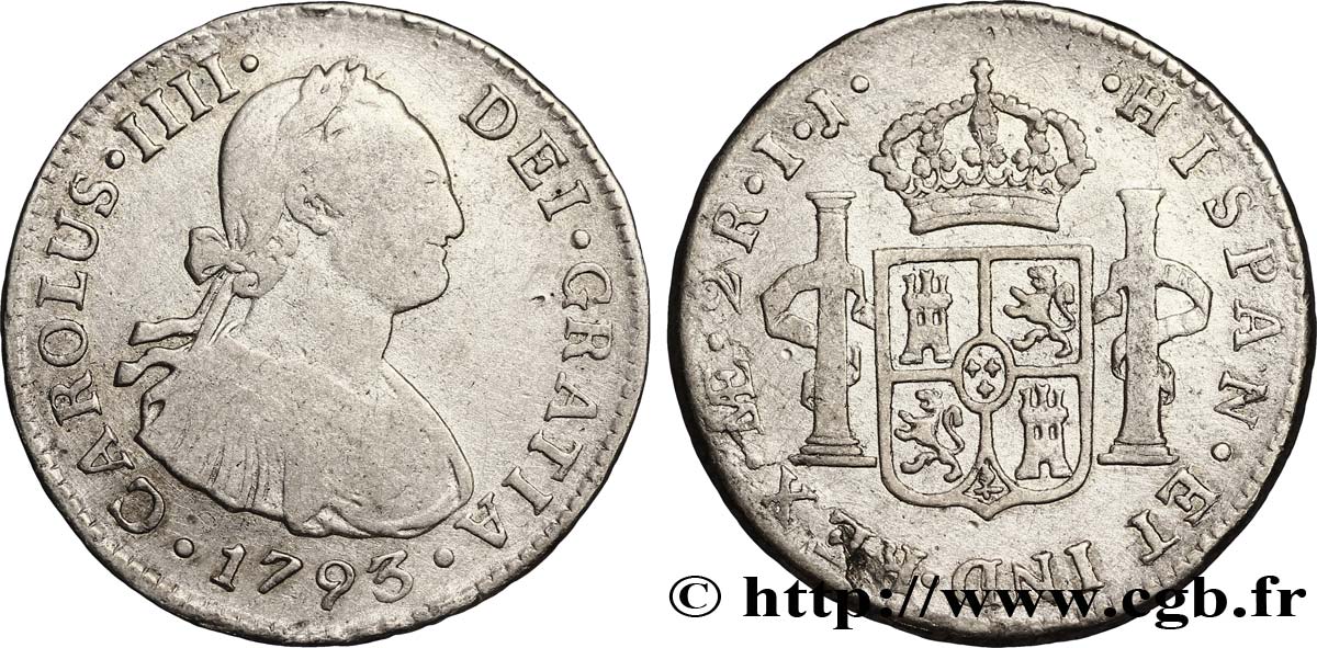 PERU 2 Reales Charles IIII d’Espagne IJ 1793 Lima VF 
