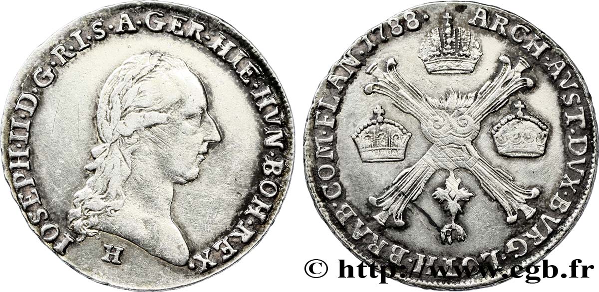 BÉLGICA - PAíSES BAJOS AUSTRíACOS 1/4 Kronenthaler Pays-Bas Autrichiens Joseph II / armes 1788 Günzburg - H MBC 