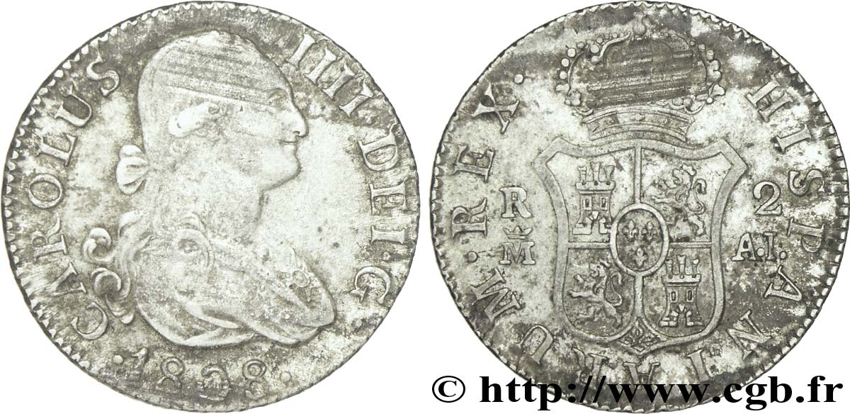ESPAÑA 2 Reales Charles IIII / armes couronnée de Castille et Léon AI 1808 Madrid BC+ 