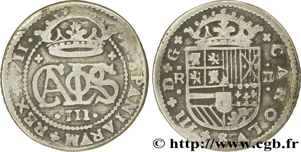 SPAIN 2 Reales Charles III archiduc prétendant 1711 Barcelone VF 