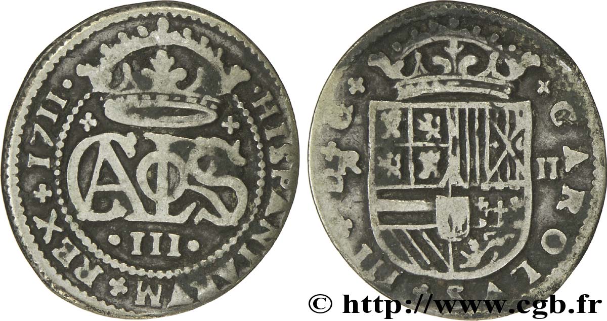 ESPAÑA 2 Reales Charles III archiduc prétendant 1711 Barcelone BC+ 