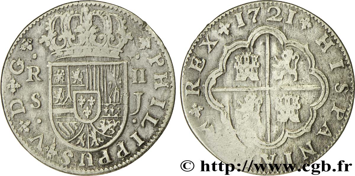 SPAGNA 2 Reales au nom de Philippe V 1721 Séville MB 