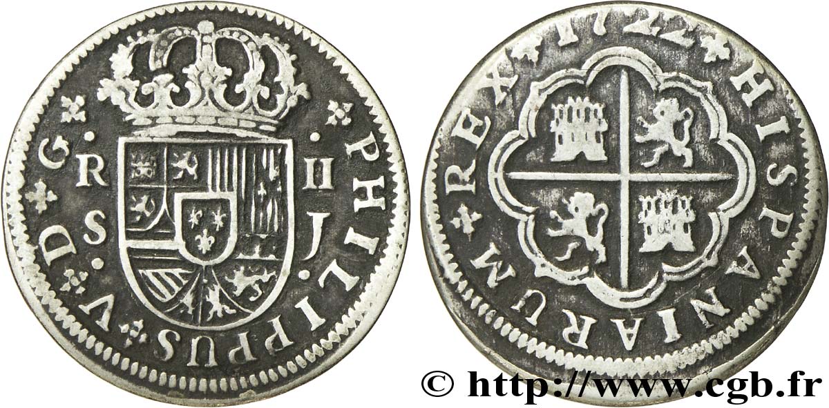 SPANIEN 2 Reales au nom de Philippe V 1722 Séville fSS 