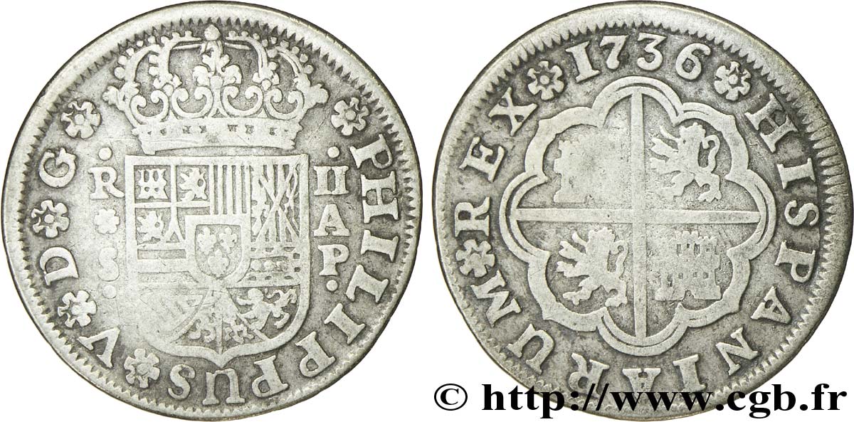 SPANIEN 2 Reales au nom de Philippe V 1736 Séville fSS 
