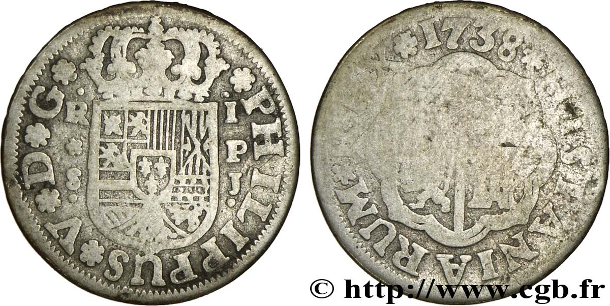 SPAIN 1 Real au nom de Philippe V 1738 Séville F 