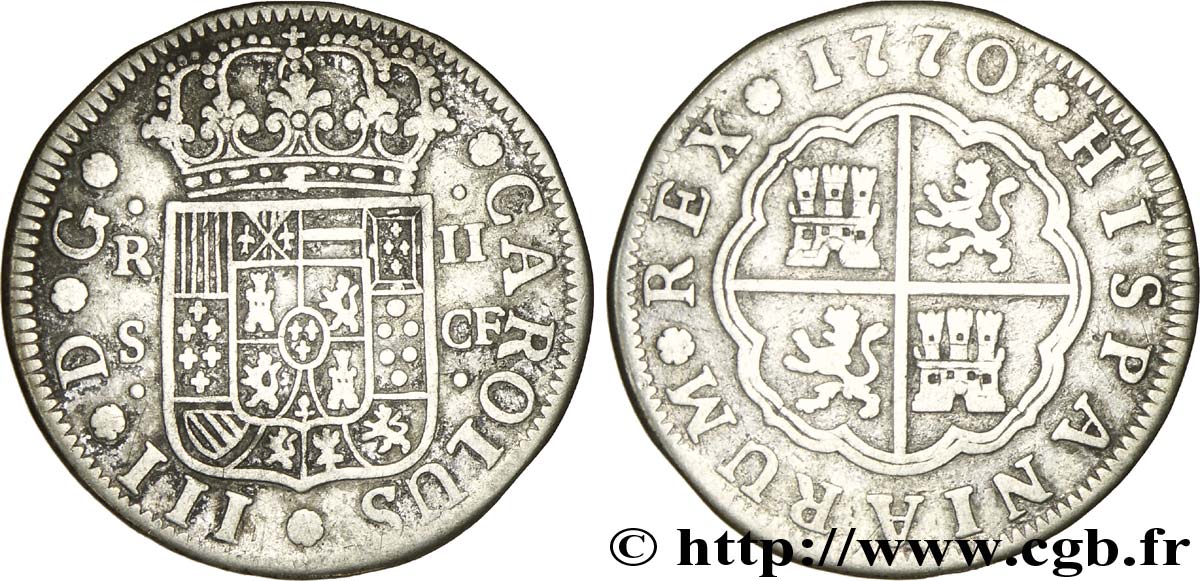 SPANIEN 2 Reales au nom de Charles III 1770 Séville SS 