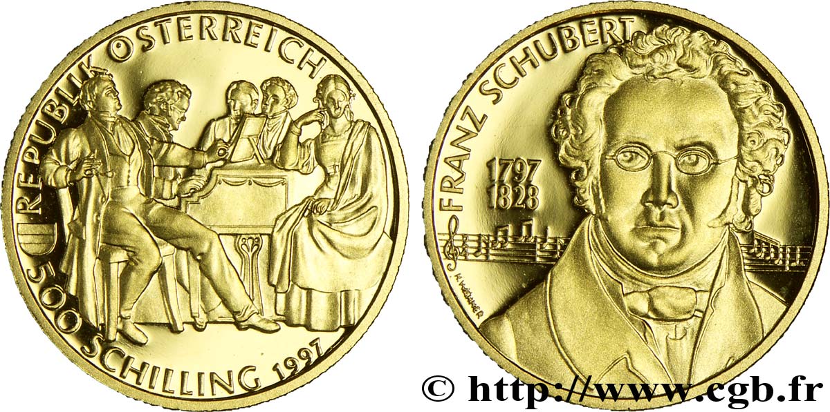 AUSTRIA 500 Schilling 200e anniversaire de la naissance de Franz Schubert 1997 Vienne MS70 