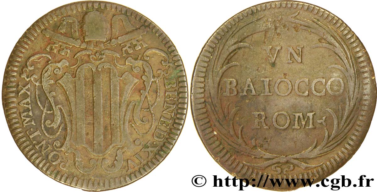 VATICAN ET ÉTATS PONTIFICAUX 1 Baiocco armes du vatican frappée au nom de Benoît XIV (1700-1756) N.D. Rome TB 