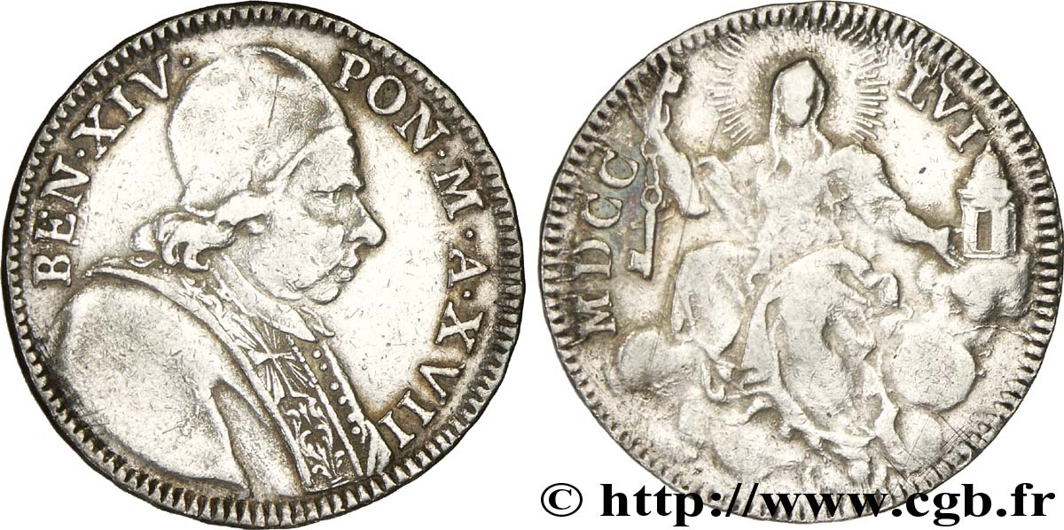 VATICAN AND PAPAL STATES Doppio Giulio Benoît XIV an XVII 1756 Rome VF 