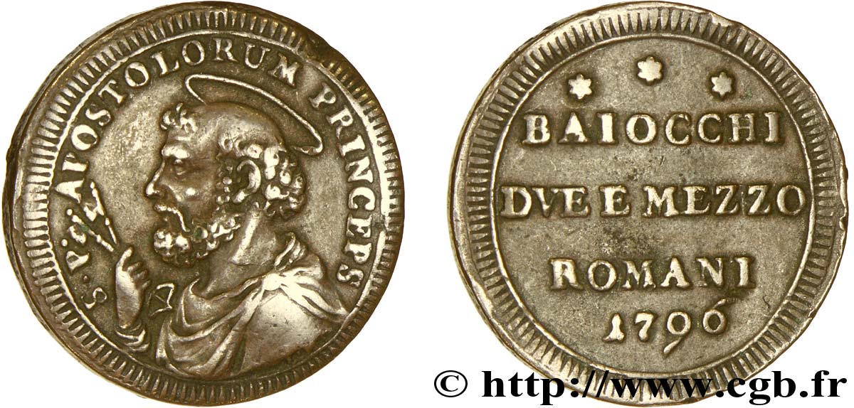 VATICAN AND PAPAL STATES 2 1/2 Baiocchi St Pierre 1796 Rome XF 
