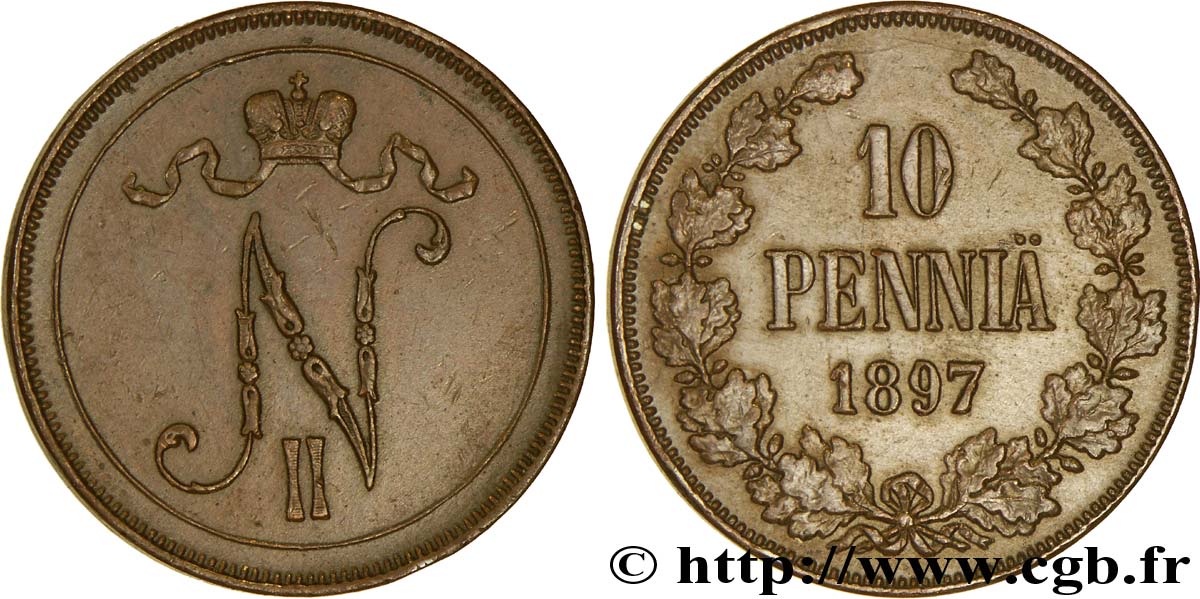 FINLANDIA 10 Pennia monogramme Tsar Nicolas II 1897  EBC 